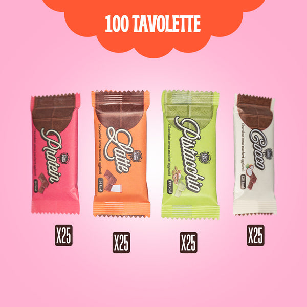 100 Tavolette al cioccolato senza zuccheri aggiunti - 4 Gusti