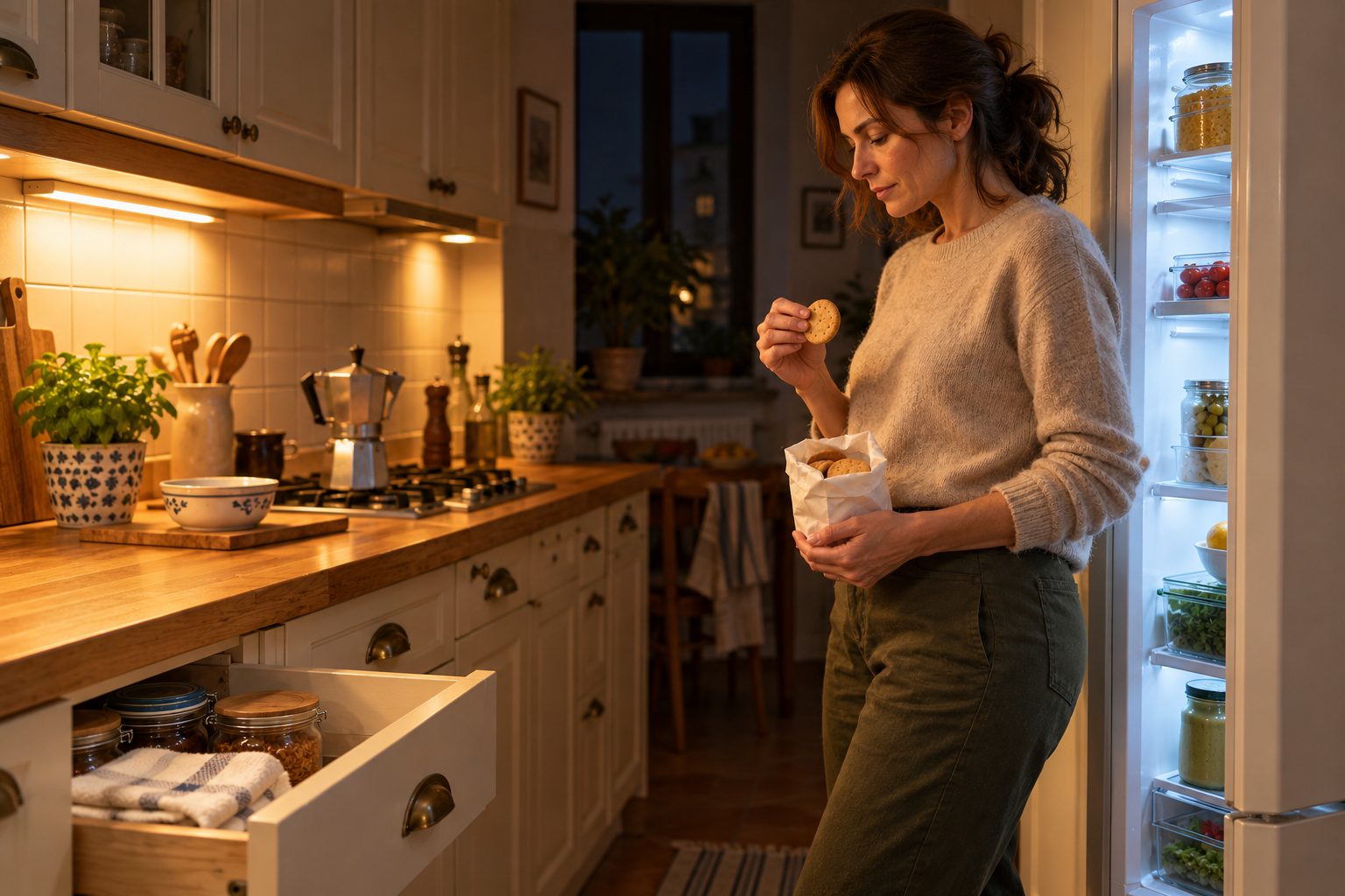 Una cucina di sera, con la luce del frigorifero accesa